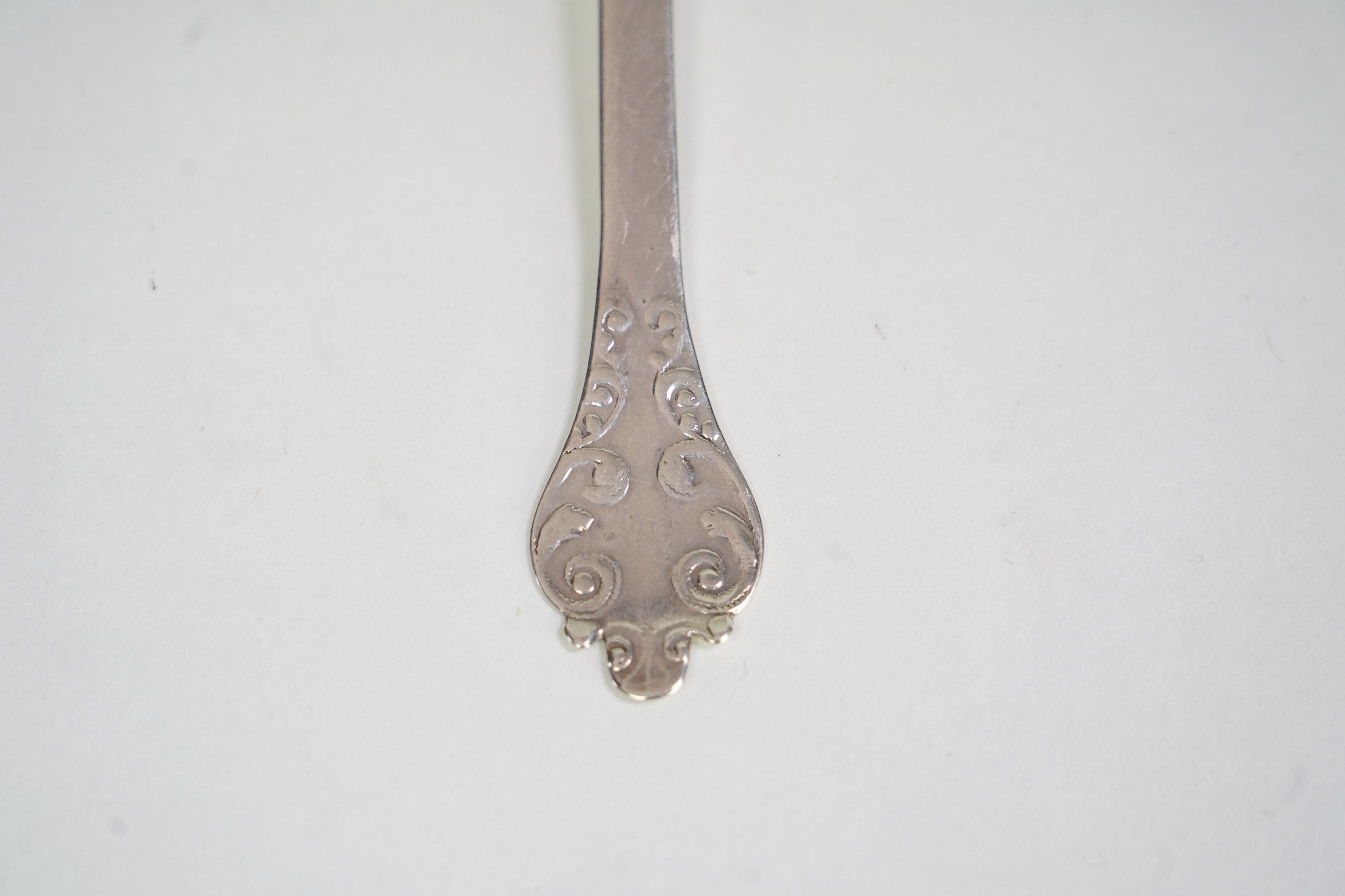 A late 17th century silver lace back trefid spoon, by William Scarlett
